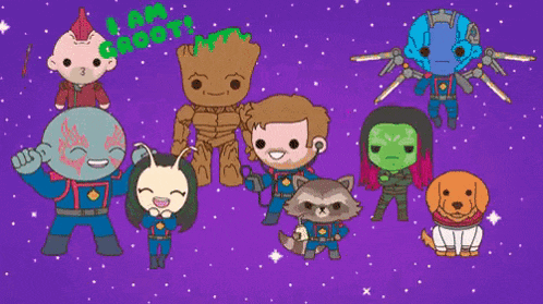 a group of guardians of the galaxy standing next to each other on a purple background