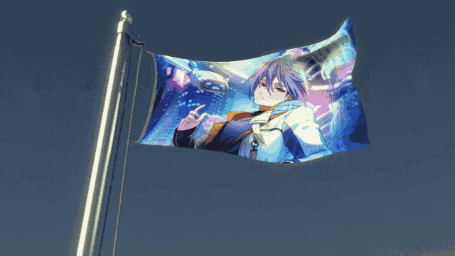 a flag with a picture of a boy with purple hair
