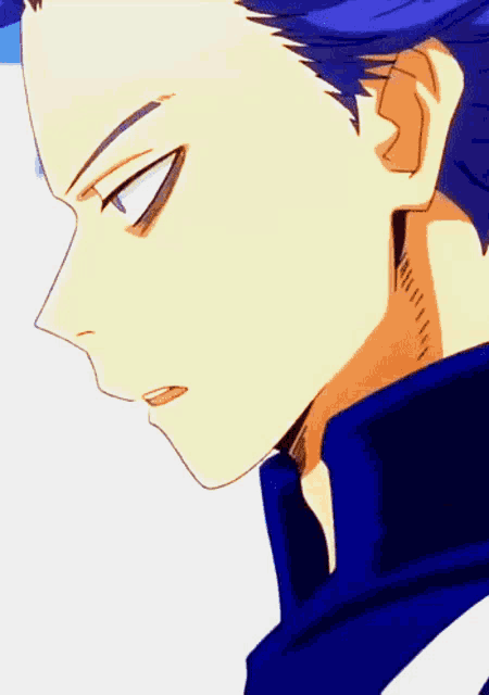 a close up of a person 's face with a blue jacket on