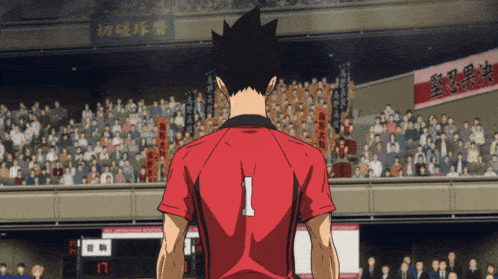 a man in a red shirt with the number 1 on the back stands in front of a crowd