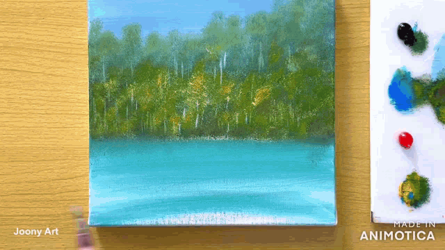 a painting of a lake and trees is made in animatica