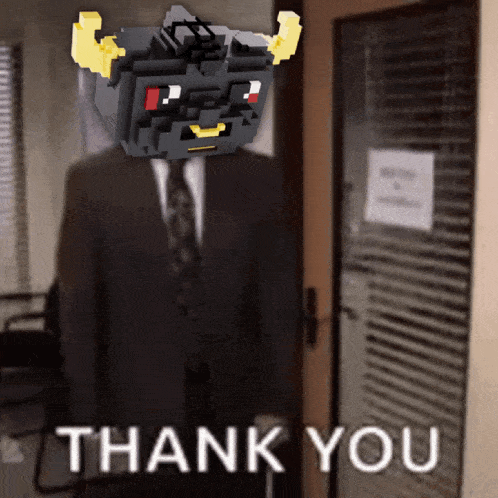 a man in a suit and tie is standing in front of a door with the words thank you on it