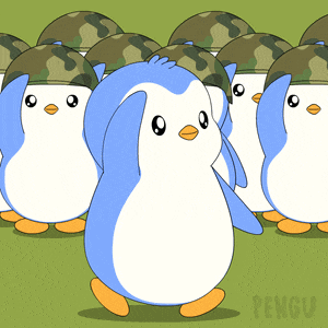 a group of penguins wearing military hats with the word pengu on the bottom right