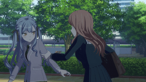 two anime girls are standing next to each other and one is pointing at the other