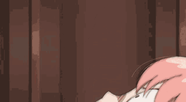 a cartoon character with pink hair and white teeth