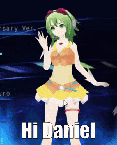 a picture of a girl with green hair and the words hi daniel