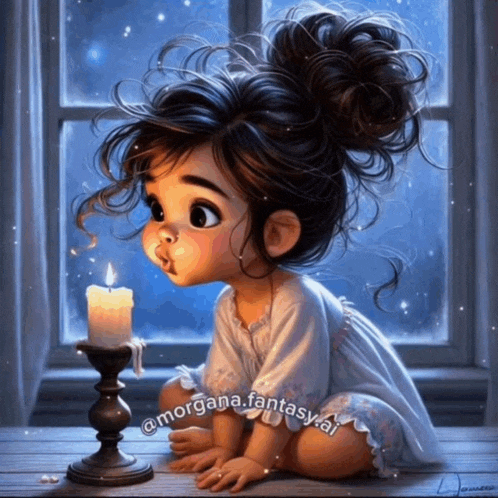 a cartoon of a little girl sitting next to a lit candle with morgana fantasy ai written on the bottom