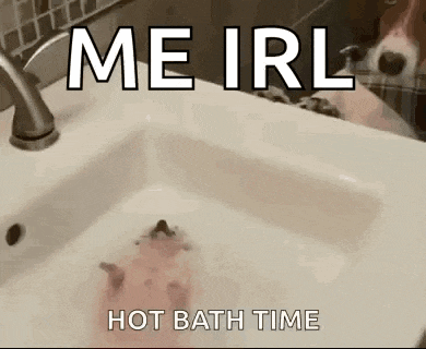 a hedgehog is taking a bath in a sink with the words `` me irl hot bath time '' .