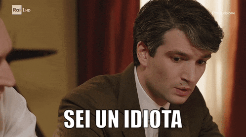 a man in a suit says sei un idiota in italian