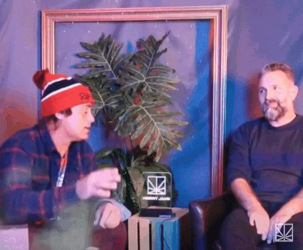 two men are sitting in front of a framed picture and one of them is wearing a hat that says ' nz '