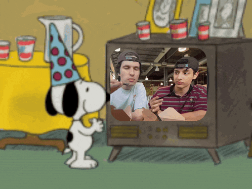 a cartoon of snoopy looking at a picture of two men