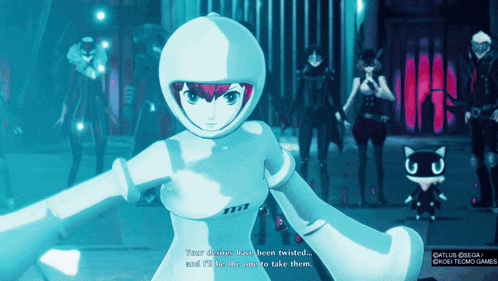 a screenshot of a video game shows a girl in a white suit talking