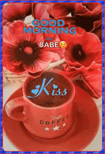 a cup of coffee on a saucer with flowers in the background and a good morning message .