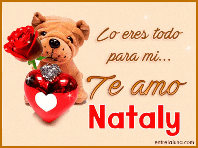 a greeting card with a stuffed dog holding a rose and a heart with the name nataly on it