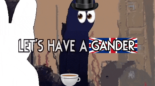 a cartoon character is holding a cup of coffee and the words let 's have a gander are above him
