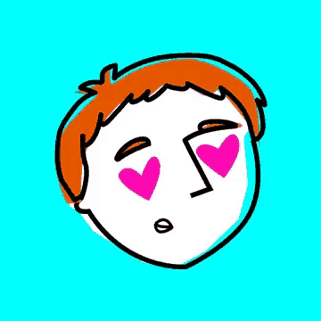 a cartoon drawing of a boy with orange hearts in his eyes