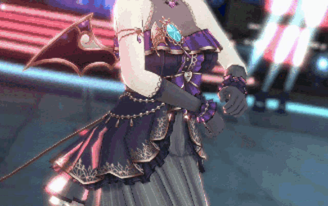 a pixel art of a girl in a purple dress with a bat wing