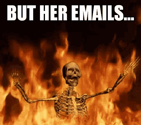 a skeleton is standing in front of a fire with the words but her emails
