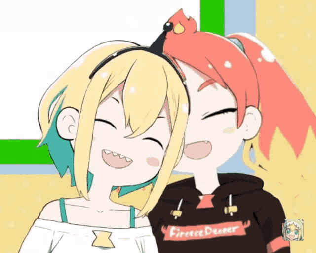 a cartoon drawing of two girls with one wearing a hoodie that says firece decker