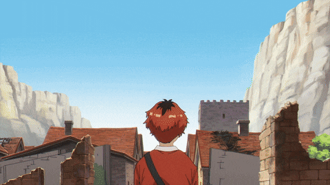 a boy with red hair is standing in front of a cliff