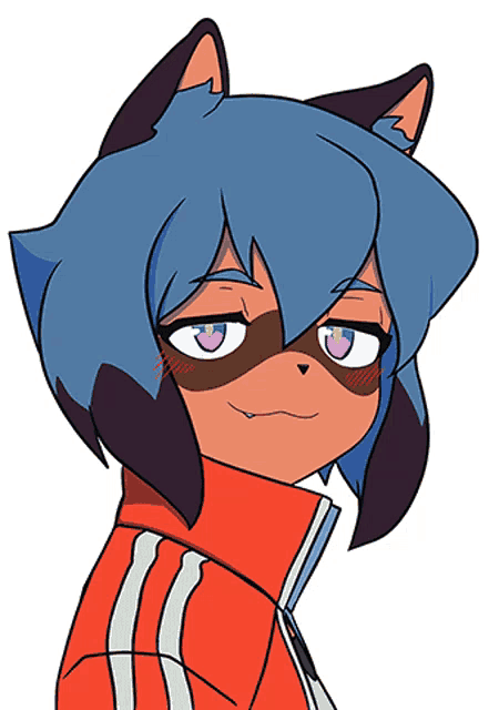 a cartoon drawing of a girl with blue hair and pink eyes
