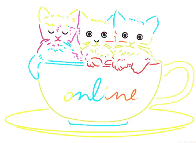a drawing of three kittens in a cup with the word online written on it