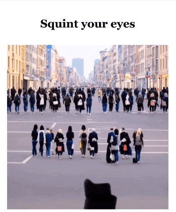 a picture of a crowd of people walking down a street with the words squirt your eyes below them