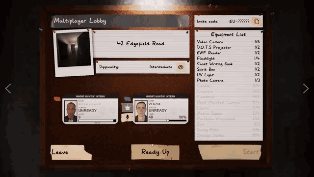 a screenshot of a multiplayer lobby with a list of equipment