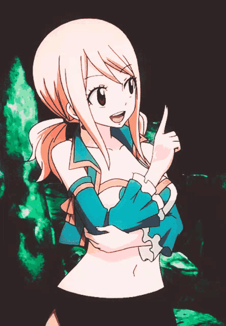 a girl with blonde hair and a blue shirt is pointing at something