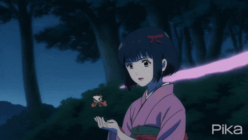 a girl in a pink kimono is holding a frog in her hand and the word pika is on the bottom right