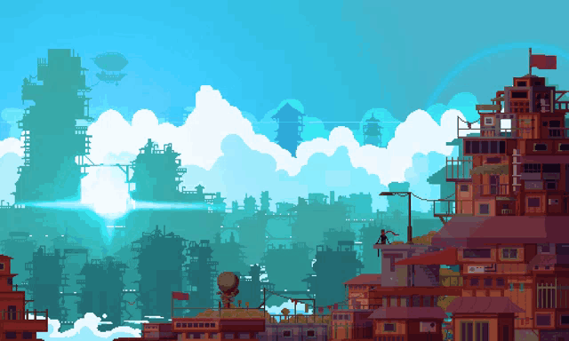 a pixel art drawing of a futuristic city with a red flag