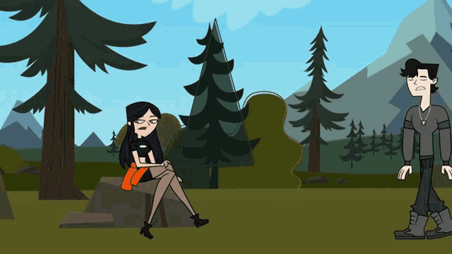 a cartoon of a girl sitting on a rock next to a man
