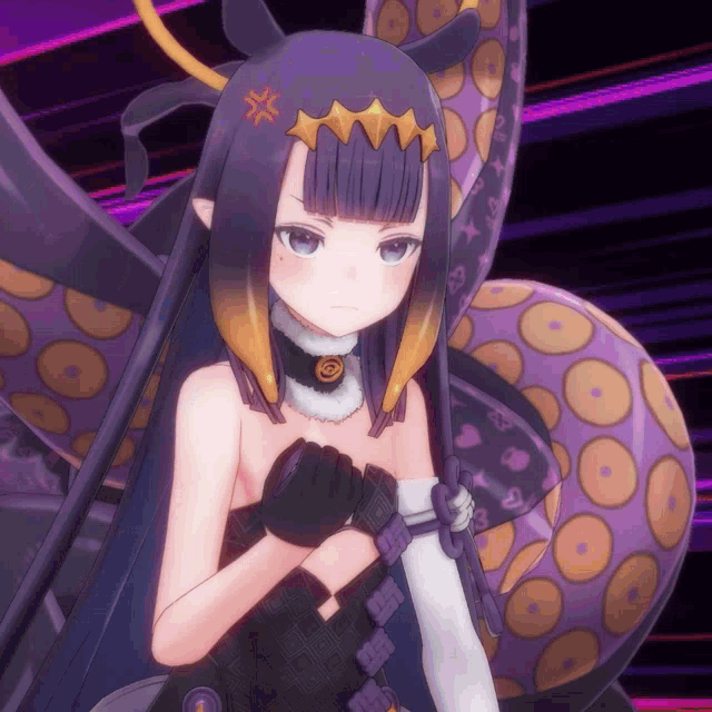 a girl with a purple hair and a necklace with a star on it