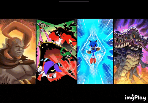 a collage of four images of sonic the hedgehog and his friends