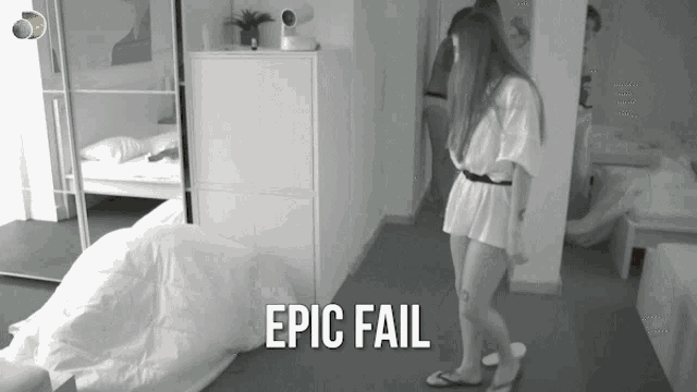 a woman in a white dress is standing in a room with the words epic fail written on the bottom