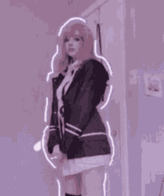 a girl with pink hair is standing in front of a sign that says rocket .