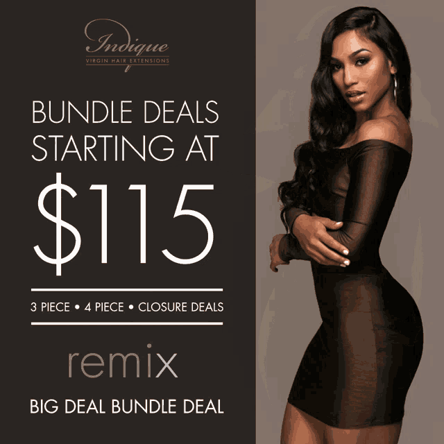 a woman in a brown dress stands in front of a sign that says bundle deals starting at $ 115