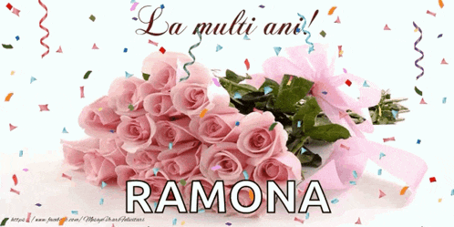 a bouquet of pink roses with the name ramona written on it
