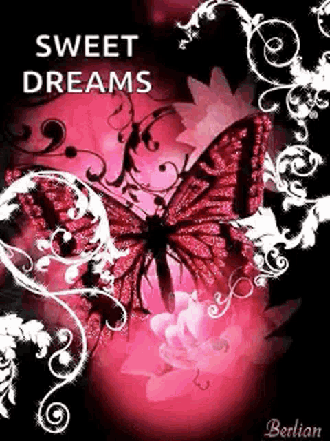 a butterfly is on a pink background with the words `` sweet dreams '' written above it .