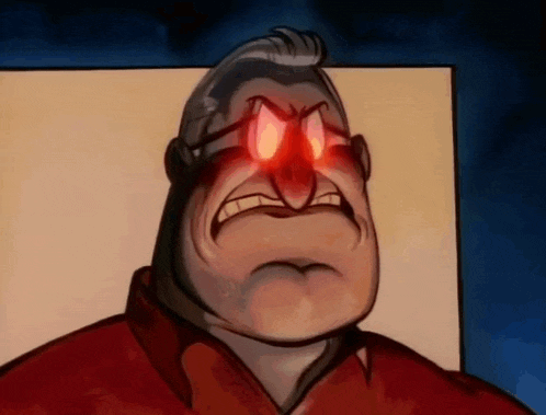 a cartoon man with red eyes is wearing glasses and making a funny face .