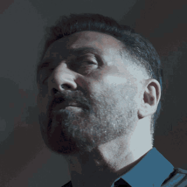 a man with a beard wearing a blue shirt looks at the camera