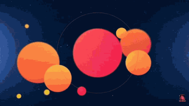 a blue background with orange circles and a red circle with a circle around it