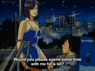 a man is sitting in a car talking to a woman in a blue dress who is standing next to him ..