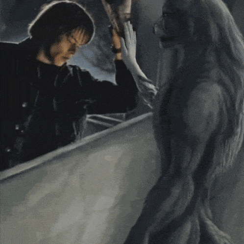 a painting of a man standing next to a monster