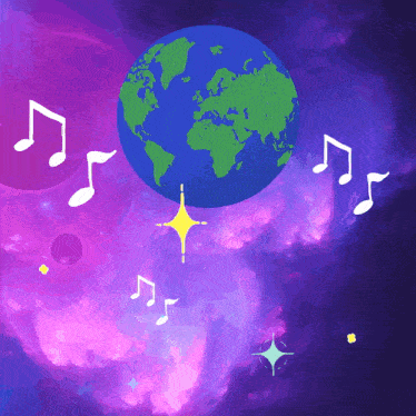 a cartoon illustration of a planet with music notes around it