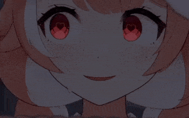 a girl with red eyes has a heart in her eye