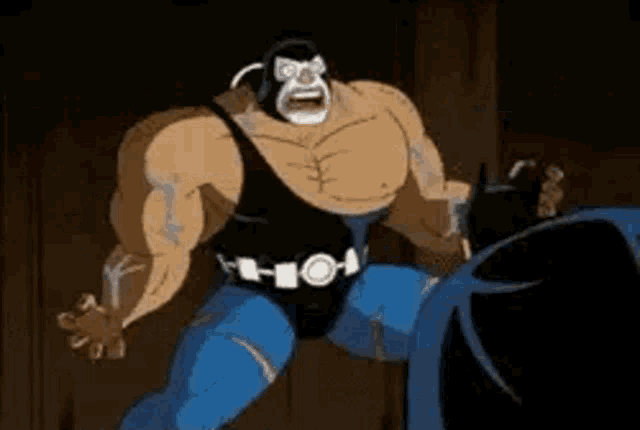a cartoon of a man in a tank top and blue pants standing next to a batman .