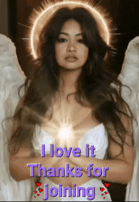 a picture of a woman with angel wings and the words i love it thanks for joining