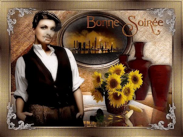 a picture of a woman and a vase of sunflowers with bonne soiree written on the bottom