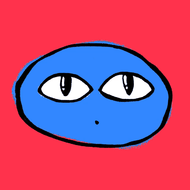 a drawing of a blue smiley face with white eyes on a red background